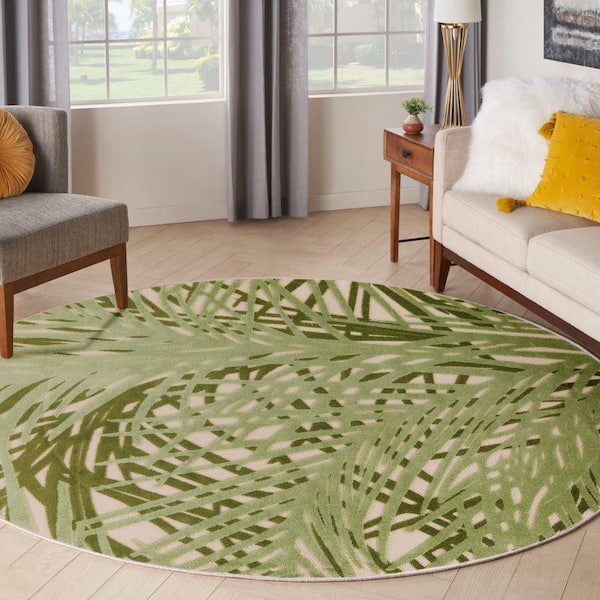 Aloha Ivory Green 8 ft. x 8 ft. Botanical Contemporary Round Area Rug