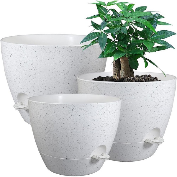 ITOPFOX Garden 12 in. L x 12 in. W x 7.5 in. H White Speckles Plastic Round Indoor Planter (3-Pack)