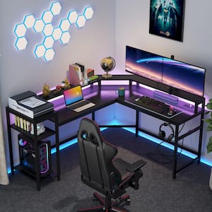 Havrvin 68.89 in. Rectangular Black Wood Gaming Desk L-Shaped Computer Desk with Storage Shelves, Corner Computer Desk