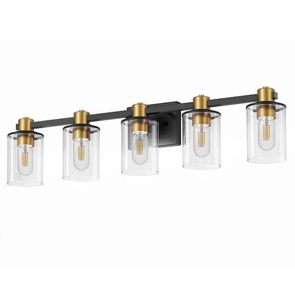 32 in. 5-Light Black and Gold Bathroom Vanity Light, Modern Wall Sconce with Clear Glass Shades for Bathroom, Mirror