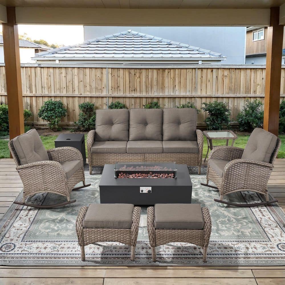 Gray 7-Piece Wicker Patio Fire Pit Set, Outdoor Sofa Seating Set with Olefin Gray Cushions and Rocking Chairs price history on PriceWatchPro