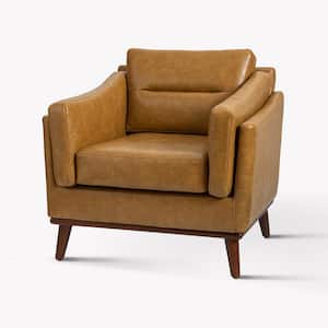 Ignace Mid-Century Leather Upholstered Camel Sofa Arm Chair with Solid Wood Leg