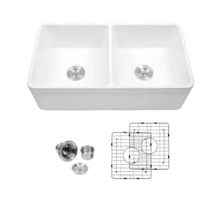 White Fireclay 33 in. 50/50 Double Bowl Farmhouse Apron Front Kitchen Sink with Grids and Strainers