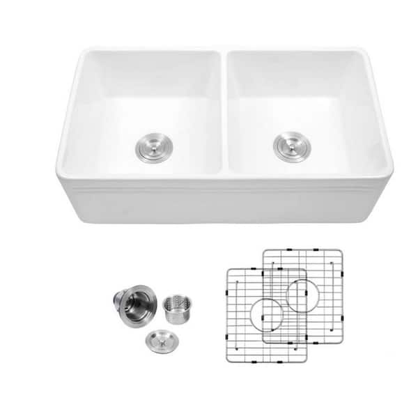 PROOX White Fireclay 33 in. 50/50 Double Bowl Farmhouse Apron Front Kitchen Sink with Grids and Strainers