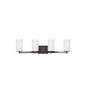 Hettinger 29 in. 4-Light Bronze Transitional Contemporary Wall Bathroom Vanity Light with Etched White Glass Shades