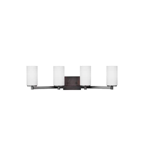 Hettinger 29 in. 4-Light Bronze Transitional Contemporary Wall Bathroom Vanity Light with White Glass and LED Bulbs