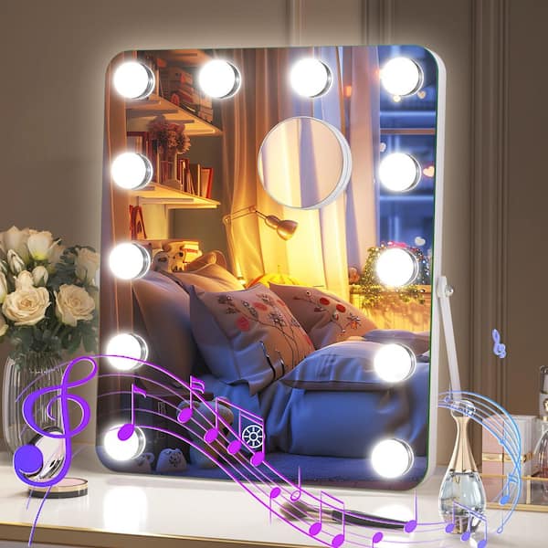 12 in. W x 14 in. H White Rectangle Framed LED Makeup Mirror with Bluetooth Speaker Hollywood Vanity Mirror with Lights