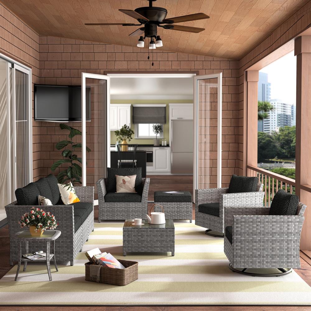 Alfresco Allure 9-Piece Wicker Patio Conversation Sectional Sofa Set with Black Cushions and Swivel Rocking Chairs price history on PriceWatchPro
