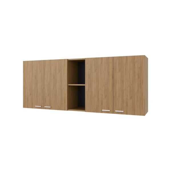 23.60 in. H Natural Oak Kitchen Wall Cabinet with 4 Doors Dividers and Open Storage Light Oak