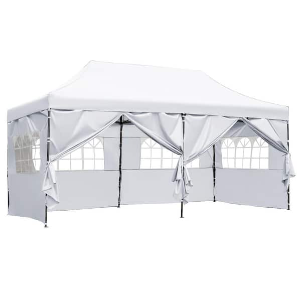 10 ft. x 20 ft. White Heavy Duty Outdoor Pop Up Canopy Tent with 6 Sidewalls and Roller Bag