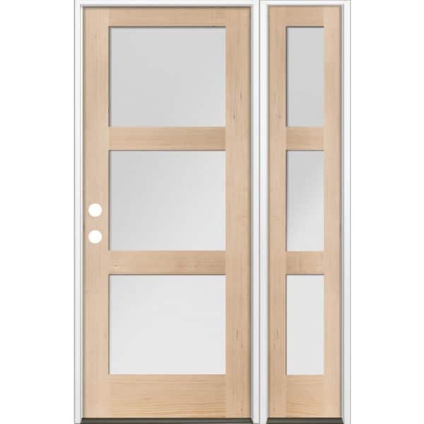 Krosswood Doors 50 in. x 80 in. Modern Hemlock 3-Lite Right-Hand/Inswing Frosted Glass Unfinished Wood Prehung Front Door w/ RSL