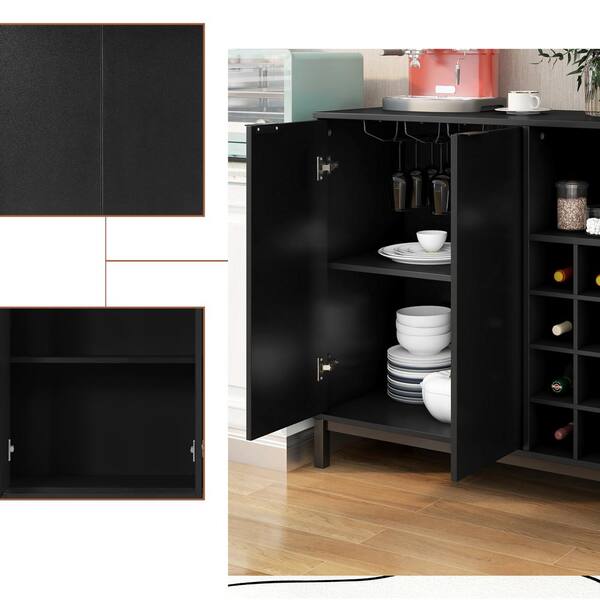 Seafuloy Black Wood Bar Cabinet with Wine Racks Storage Server  WF285318AAB-1 - The Home Depot