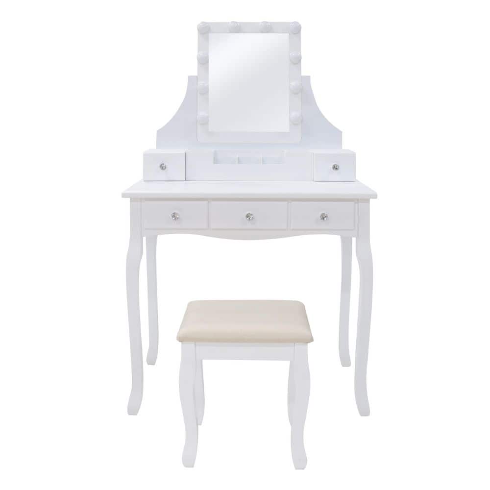 VEIKOUS Modern White Wooden Vanity Makeup Table Sets With Rectangle LED