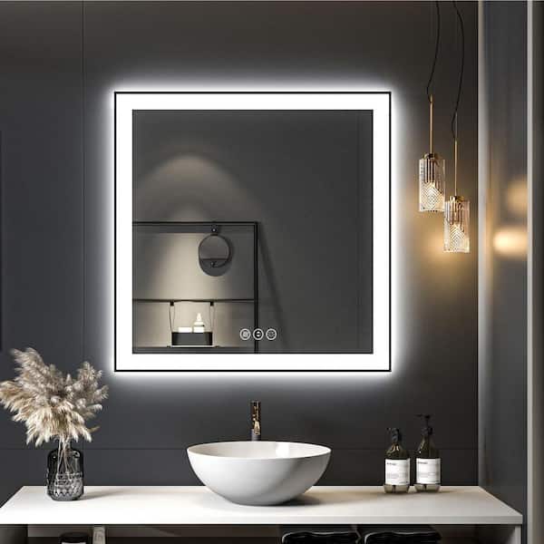  LINE 36 in. W x 36 in. H Square Black Framed Wall Mount Anti-Fog Bathroom Vanity Mirror with LED Light and Memory