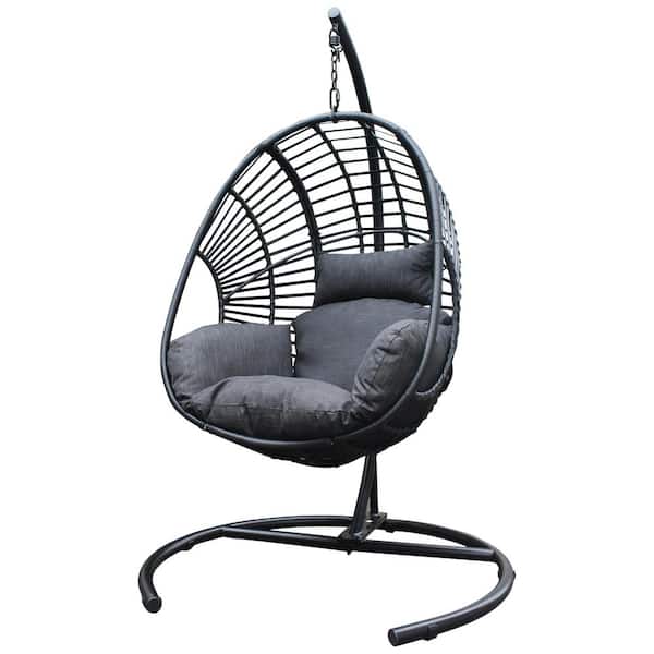 Outdoor Garden Black Hollow Out Wicker Patio Swing Casual Egg Chair with Gray Cushion