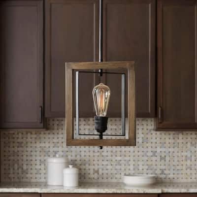 Home Decorators Collection Palermo Grove 10 in. 1-Light Gilded Iron Farmhouse Kitchen Island Mini-Pendant with Hand Painted Walnut Accents