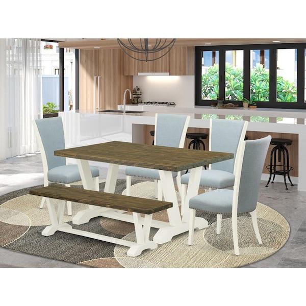 East West Furniture 6-Piece Rectangle Distressed Jacobean Finish Solid Wood Top Dining Table with 1-Bench, 4-Chairs with Lattice Back