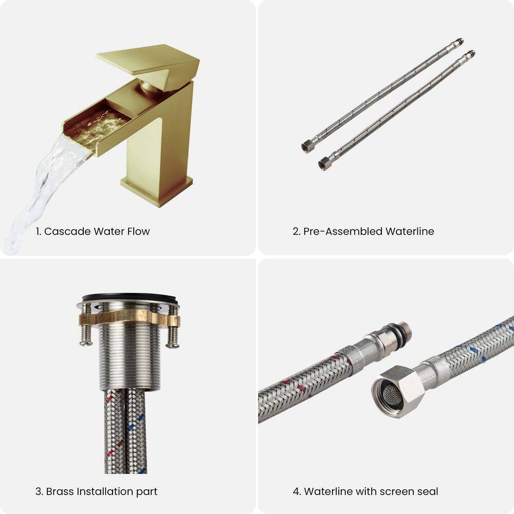 Cubic Elegance Single Handle Brushed Gold Brass Bathroom Faucet