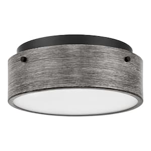 Huntmoor 14 in. 2-Light Matte Black Flush Mount with Ebony Wood Metal and Etched White Diffuser