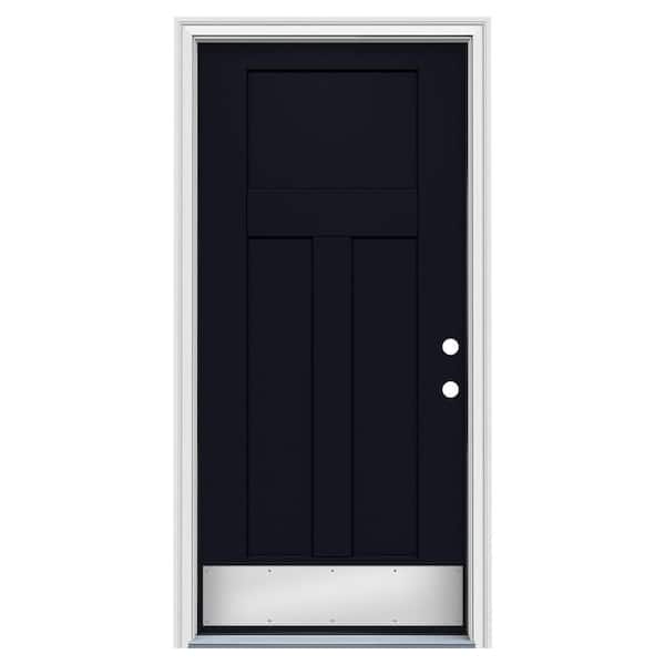 JELD-WEN 36 in. x 80 in. 3 Panel Flat Craftsman Left-Hand/Inswing Black Steel Prehung Front Door w/Brickmould, ADA Accessible