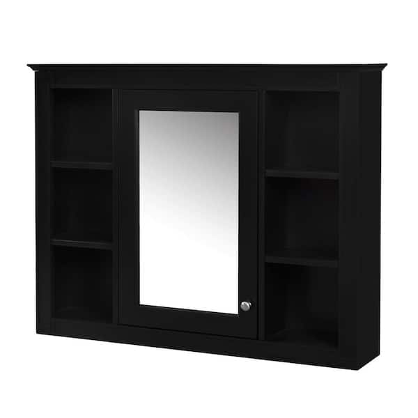 35 in. W x 27.5 in. H Rectangular Wood Medicine Cabinet with Mirror and 6-Open Shelves in Black