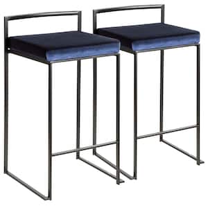 Fuji 26 in. Black Stackable Counter Stool with Blue Velvet Cushion (Set of 2)