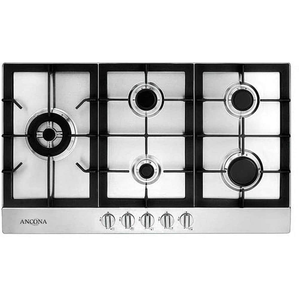 Ancona 34 in. 5-Burner Recessed Gas Cooktop in Stainless Steel with Cast Iron Pan/Wok Supports, Silver