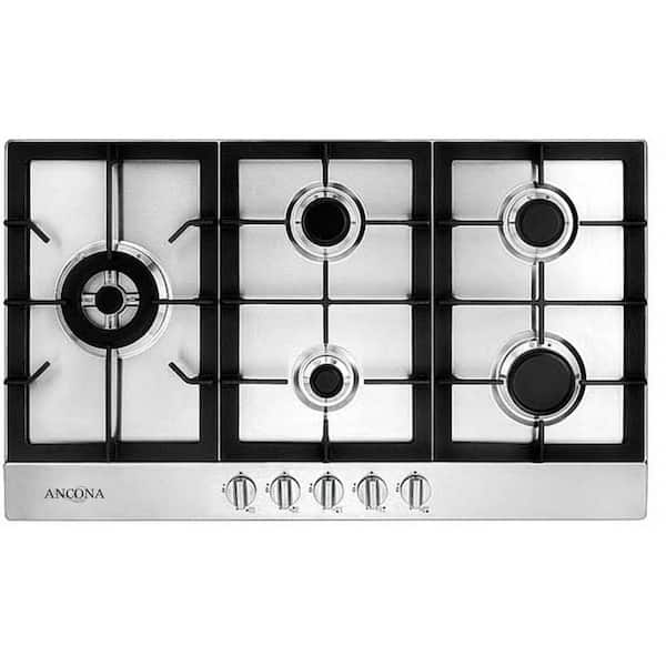 Ancona 34 in. 5-Burner Recessed Gas Cooktop in Stainless Steel Stainless Steel with Cast Iron Pan/Wok Supports
