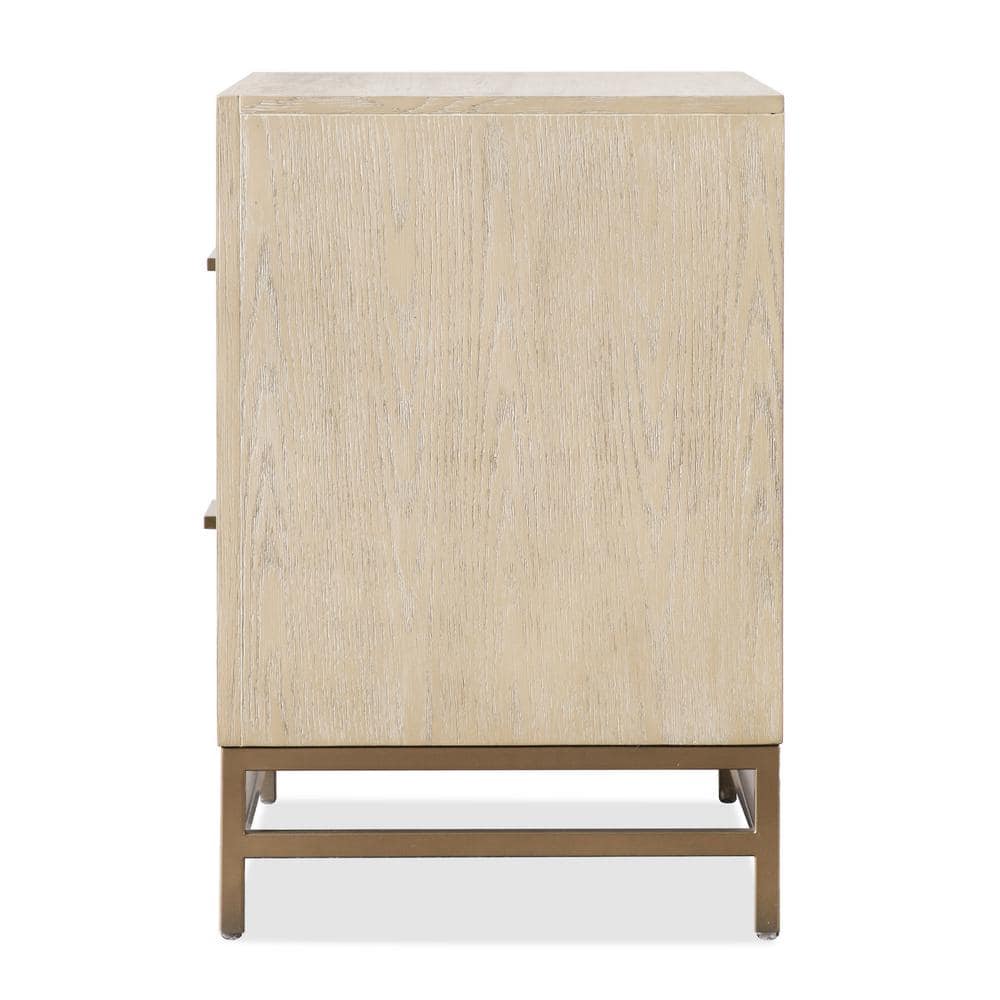 Oak and Metal 2-Drawer Nightstand with Brass Handles