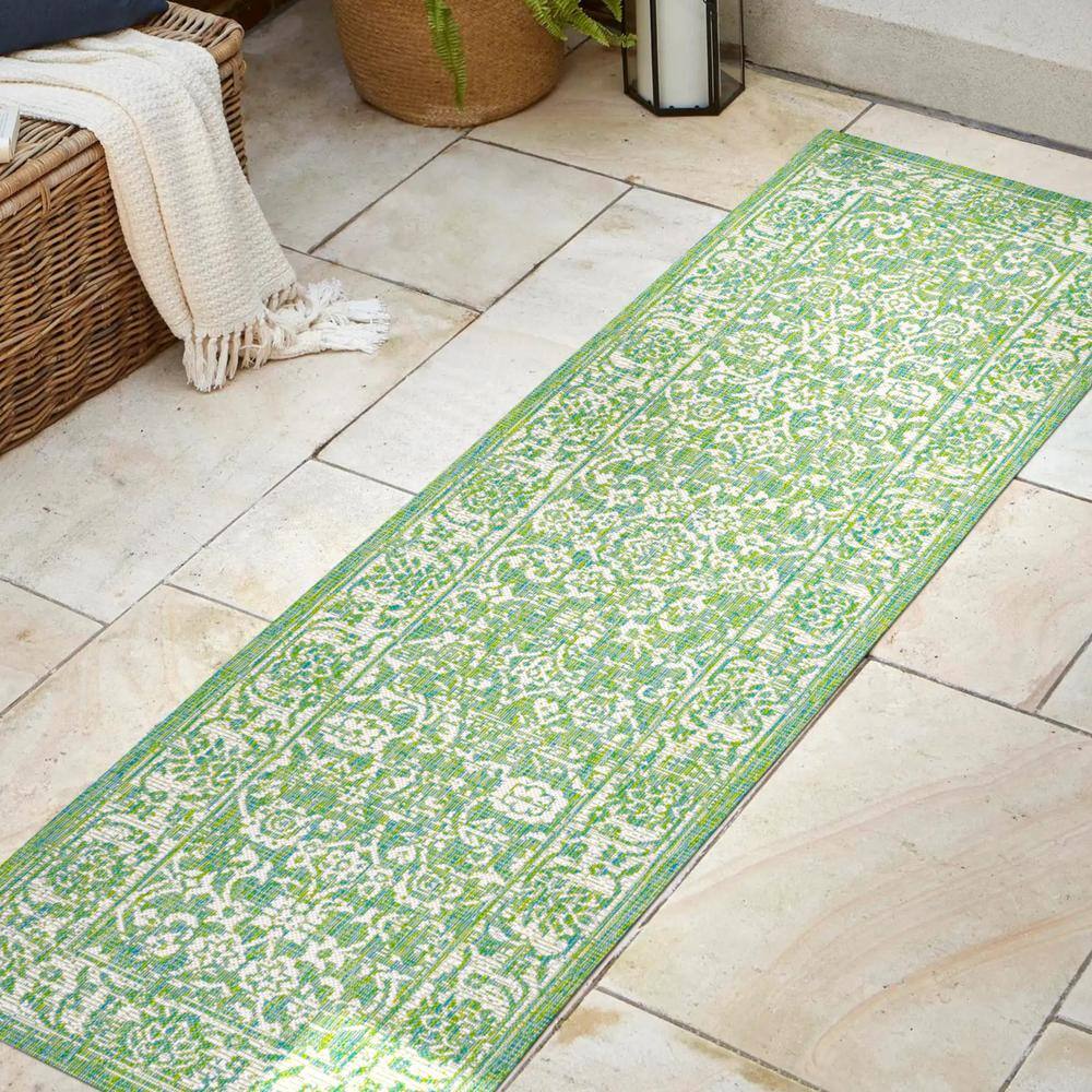 Tela Green and Cream Floral Flat Woven Runner Rug