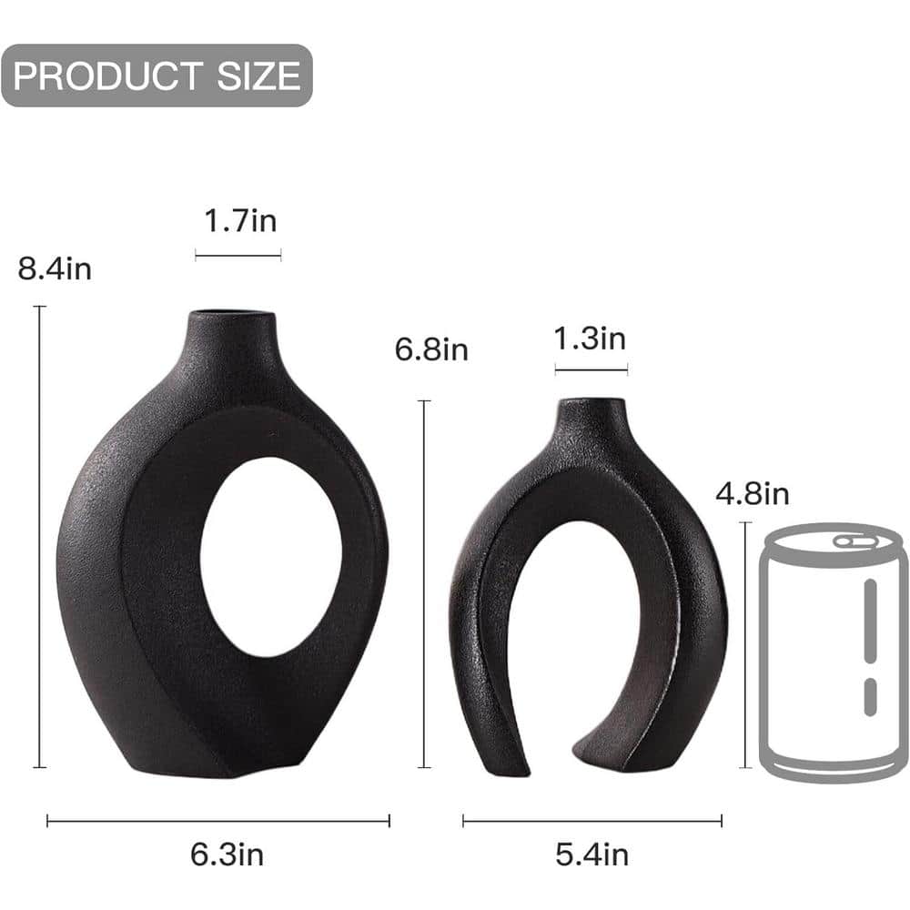 Black Ceramic Donut Shaped Decorative Vase Set of 2