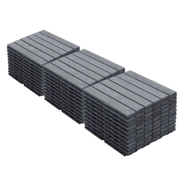 Otryad 30-Piece Light Gray Interlocking Deck Tiles, 12 in.  Square Acacia Hardwood Striped Pattern Outdoor Flooring Tiles