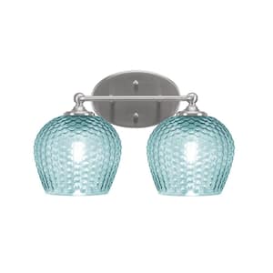 Royale 14.75 in. 2-Light Brushed Nickel Vanity Light with Turquoise Textured Glass Shades