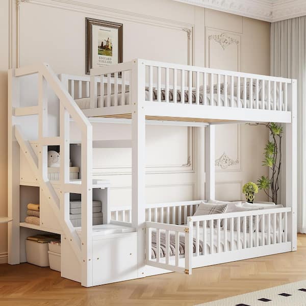 Auren Modern White Twin Over Twin Wood Frame Bunk Bed with Storage Staircase and Shelves, Guard Rails