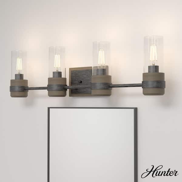 Hunter River Mill 30.5 in. 4-Light Rustic Iron Vanity Light with Clear Seeded Glass Shades
