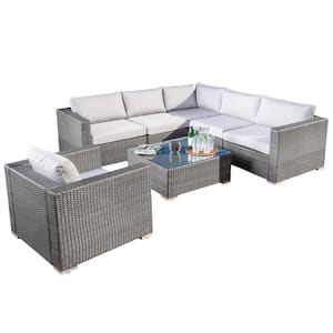 Santa Rosa Grey 7-Piece Wicker Outdoor Sectional Set with Silver Gray Cushions