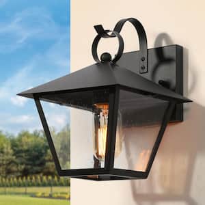 Modern Industrial Bathroom Wall Light 1-Light Black Cage Wall Sconce with Seeded Glass Shade