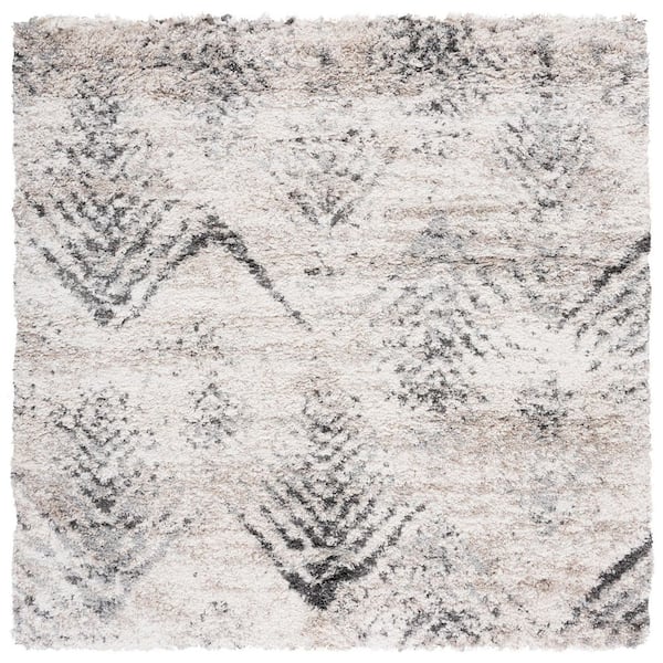 Iceland Shag 8 ft. x 8 ft. Cream/Gray Distressed Chevron Square Area Rug