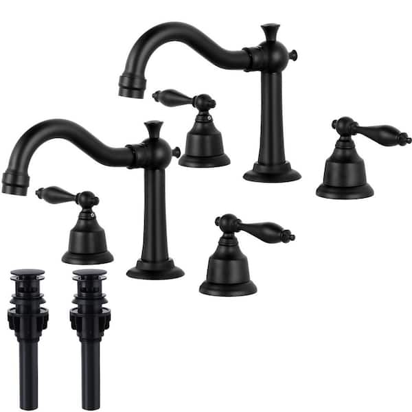 Double Handle 8 in. Widespread Bathroom Faucet 3-Hole Bathroom Sink Faucet with Pop-Up Drain in Matte Black (2-Pack)