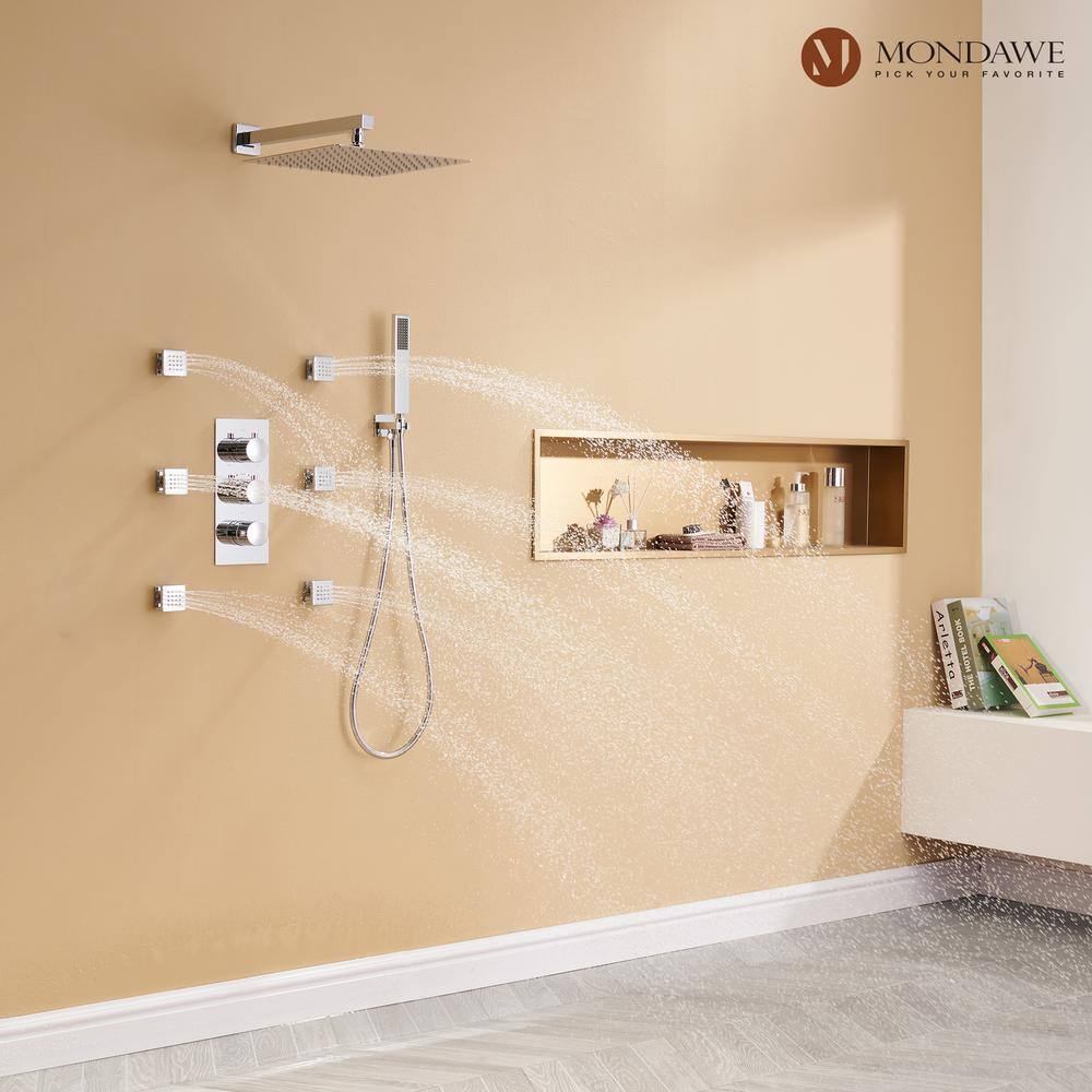 12 Inch Chrome LED Wall Mounted Rain Shower System with Handheld and Body Jets
