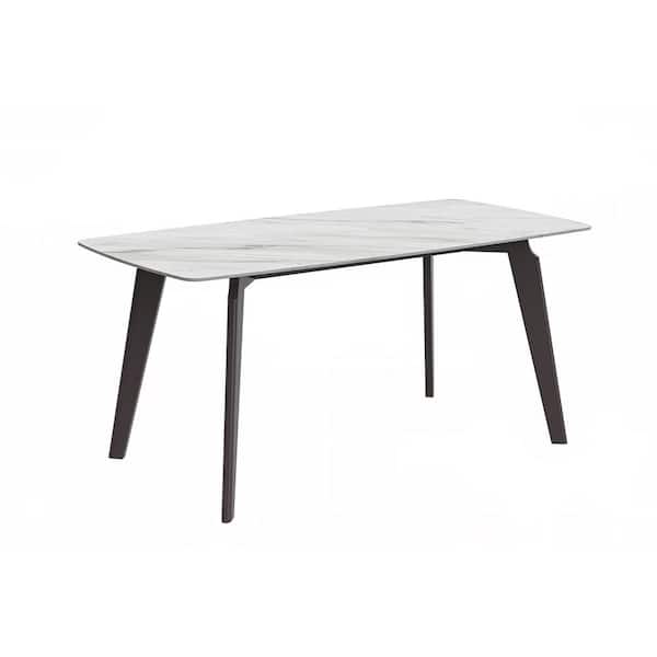 Leisuremod Krevor Series Modern White Stone 55 in. Rectangular Wide Tabletop and 4 Legs Black Steel Dining Table Seats 4