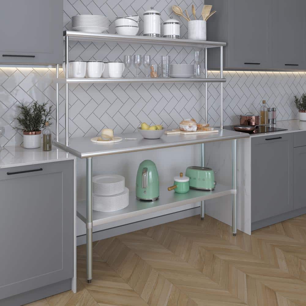 60" Stainless Steel Double-Tier Adjustable Kitchen Shelf