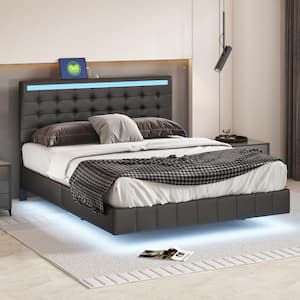 Black Wood Frame Queen Size Floating Tufted Faux Leather Platform Bed with Adjustable Headboard, LED Light and USB Ports
