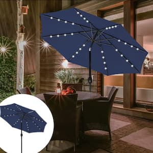 9 ft. Solar 32 LED Lighted Aluminum Outdoor Patio Umbrella with Hand Crank Lift in Dark Blue