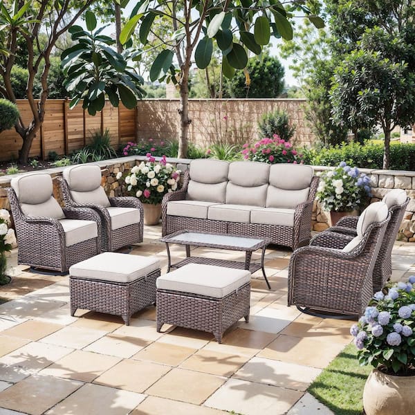 Moon Luxe Brown Swivel Glider Wicker Patio Conversation Set with Beige Olefin 6 in. Thick Cushions (8-Piece)
