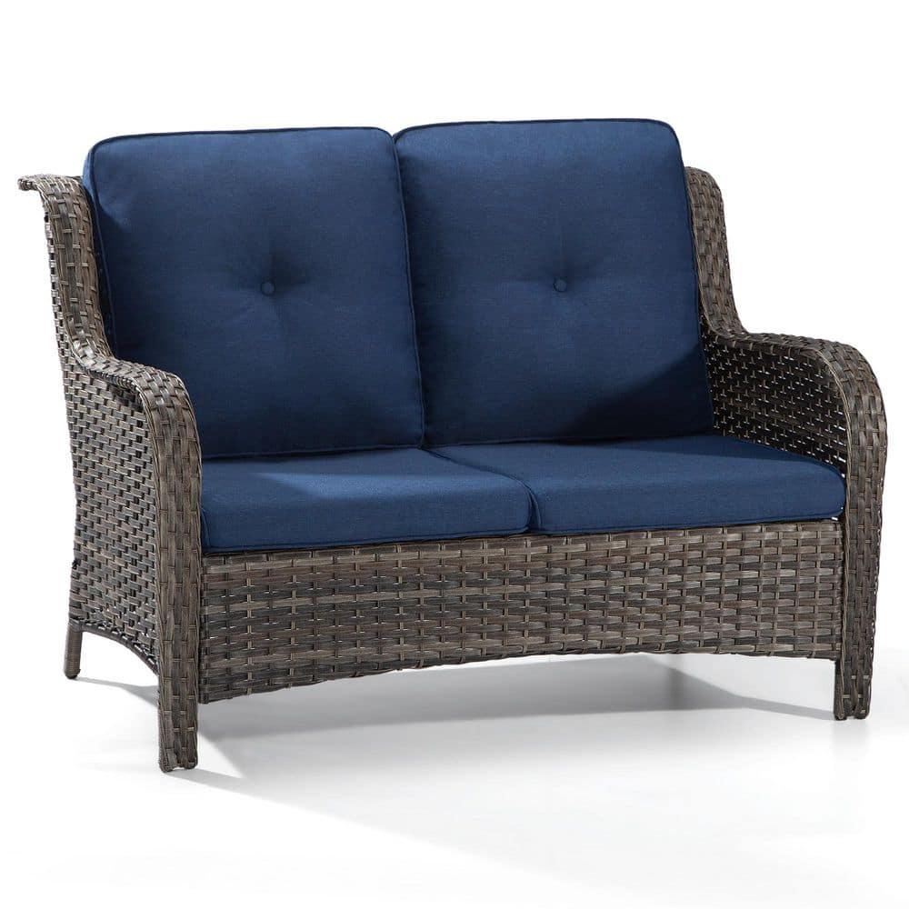 Brown Wicker Outdoor Couch Patio Loveseat Deep Seating with Blue Cushions price history on PriceWatchPro