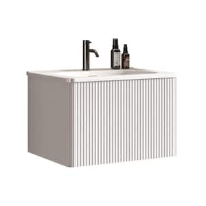 24 in. W Wall Mounted Floating Modern Bath Vanity in White W/ Top White Ceramic Sink, Curved Edges and Push Open Drawer