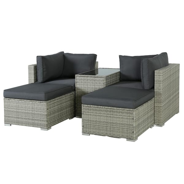 Cesicia 5-Piece Light Gray Rattan Wicker Patio Conversation Set with Gray Cushions