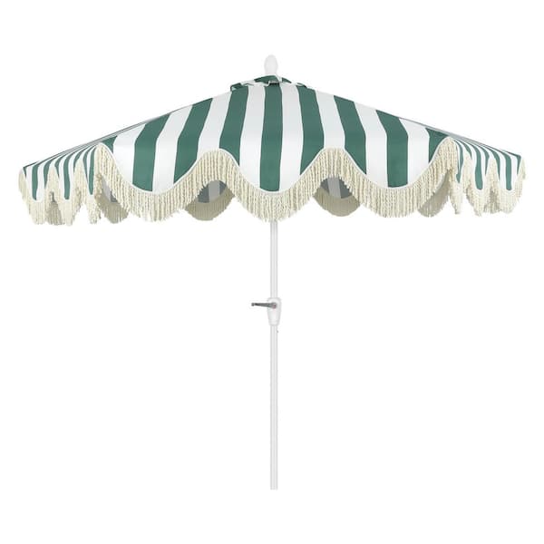 Collins 9 ft. Classic Cottage Fringe Tassel Market Patio Umbrella in Light Green and White Stripe/Cream, White Pole