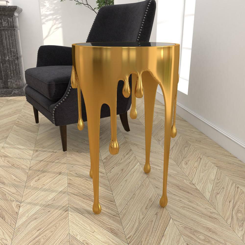 Gold Drip Round Aluminum Accent Table with Glass Top